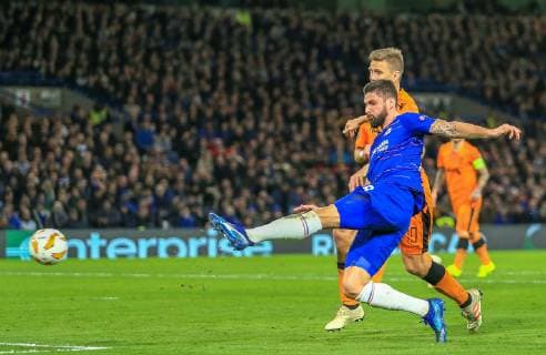 Chelsea v PAOK UEFA Europa League Olivier Giroud of Chelsea scores his second goal during the UEFA Europa League match at Stamford Bridge, London Content Not Available For UK Newspapers Copyright: xStevexO Sullivanx FIL-12621-0028