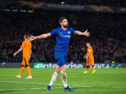 Chelsea s Olivier Giroud celebrating his second goal during the UEFA Europa League match between Chelsea and PAOK at Stamford Bridge, London, England on 29 November 2018. Copyright: xPRiMExMediaxImagesx PMI-2440-0007