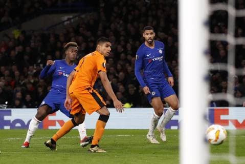 Chelsea s Callum Hudson-Odoi scoring his sides third goal during the UEFA Europa League, Group L match at Stamford Bridge Stadium, London. Picture date: 29th November 2018. Picture credit should read: David Klein Sportimage EDITORIAL USE ONLY. No use with unauthorised audio, video, data, fixture lists, club league logos or live services. Online in-match use limited to 120 images, no video emulation. No use in betting, games or single club league player publications. _K2I7404.JPG