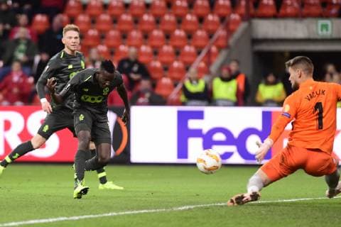 Standard s Moussa Djenepo scores a goal during the match between Belgian soccer team Standard de Liege and Spanish club Sevilla, in Liege, Thursday 29 November 2018 on the fifth day of the UEFA Europa League group stage, in group J. LAURIExDIEFFEMBACQ  x05479606x