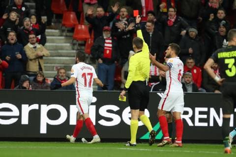 Sevilla s midfielderPablo Sarabia receives a red card from the referee during the match between Belgian soccer team Standard de Liege and Spanish club Sevilla, in Liege, Thursday 29 November 2018 on the fifth day of the UEFA Europa League group stage, in group J. BRUNOxFAHY  x05479617x