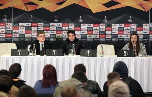 Head coach of Arsenal FC Unai Emery (C) attends a post-match news conference after his team defeated FC Vorskla Poltava 0-3 in the UEFA Europa League Group E Matchday 5 game, Kyiv, capital of Ukraine, November 29, 2018. Ukrinform. Post-match news conferences of Vorskla, Poltava in Kyiv  Copyright: xHennadiixMinchenkox