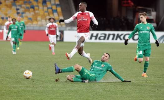 Forward Eddie Nketiah (L) of Arsenal FC and defender Ardin Dallku of FC Vorskla Poltava are seen in action during the UEFA Europa League Group E Matchday 5 game at the NSC Olimpiyskiy, Kyiv, capital of Ukraine, November 29, 2018. Ukrinform. UEL: Vorskla vs Arsenal in Kyiv  Copyright: xHennadiixMinchenkox
