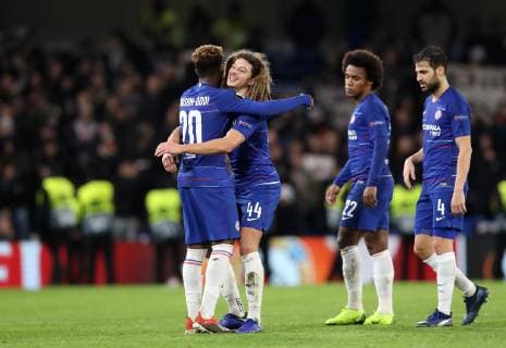 Chelsea s Callum Hudson-Odoi celebrates at the final whistle with Ethan Ampadu during the UEFA Europa League, Group L match at Stamford Bridge Stadium, London. Picture date: 29th November 2018. Picture credit should read: David Klein Sportimage EDITORIAL USE ONLY. No use with unauthorised audio, video, data, fixture lists, club league logos or live services. Online in-match use limited to 120 images, no video emulation. No use in betting, games or single club league player publications. A54I7765.JPG