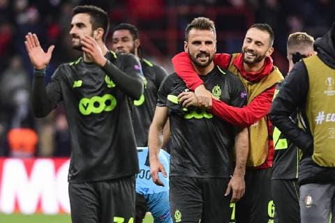 Standard s Orlando Sa and Standard s Milos Kosanovic celebrate after winning the match between Belgian soccer team Standard de Liege and Spanish club Sevilla, in Liege, Thursday 29 November 2018 on the fifth day of the UEFA Europa League group stage, in group J. LAURIExDIEFFEMBACQ  x05479666x