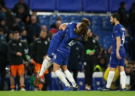 29th November 2018, Stamford Bridge, London, England; UEFA Europa League football, Chelsea versus PAOK; Ethan Ampadu of Chelsea lifts and hugs Callum Hudson-Odoi of Chelsea in celebration after the full time  ActionPlus12083957 JohnxPatrickxFletcher