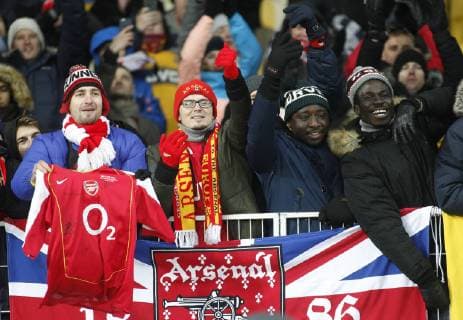 November 29, 2018 - Kyiv, Ukraine - Fans of the Arsenal reacts after the UEFA Europa League Group E soccer match between FC Vorskla and FC Arsenal at the NSK Olimpiyskiy in Kyiv, Ukraine, November 29, 2018. EUFA Europa 2018: Group E: FC Vorskla 0:3 FC Arsenal - ZUMAs334 87162645st Copyright: xAnatoliixStepanovx
