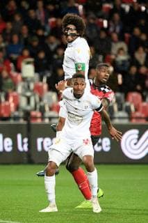 31 DANTE (NICE) - 11 MARCUS THURAM (EAG) - 29 CHRISTOPHE HERELLE (NICE) FOOTBALL : Guingamp vs Nice - Ligue 1 Conforama - 01 12 2018 FEP Panoramic 
