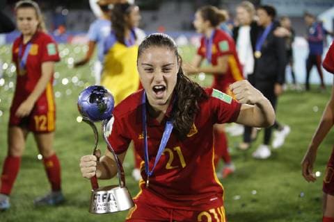 Spain s player Aixa Salvador celebrates after winning the Women s Under 17 World Cup final match between Spain and Mexico, in Montevideo, Uruguay, 01 December 2018. Spain vs. Mexico !ACHTUNG: NUR REDAKTIONELLE NUTZUNG!  Copyright: xFedericoxAnfittix AME4133 20181202-636793203506151613