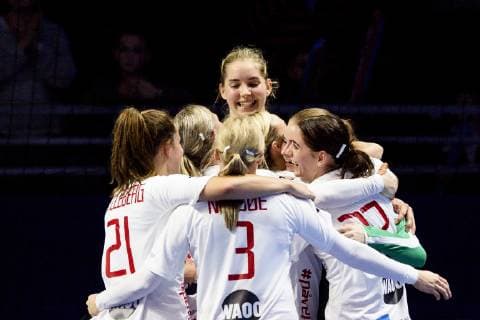 181202 Players of of Denmark celebrate after the EHF European WomenÕs Handball Championship match between Poland and Denmark on November 2, 2018 in Nantes. Photo: Ludvig Thunman BILDBYRN kod LT 35558  Copyright: LUDVIGxTHUNMAN BB181202LT023