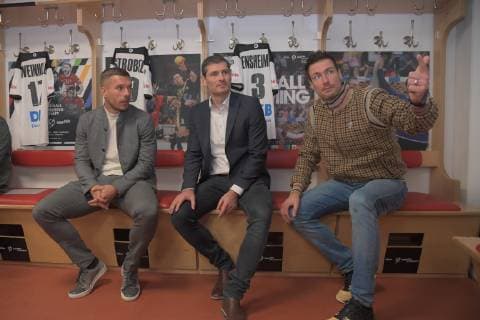 Handball, WM 2019 Botschafter Lukas Podolski, Henning Fritz Carsten Lichtlein, Fototermin, Pressekonferenz, Handball is coming home, 03.12.2018, Lanxessarena Köln