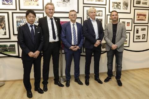 STVV s CEO Tatayuki Tateishi, STVV s chairman David Meekers, STVV s commercial director Stan Niesen, STVV s head coach Marc Brys and Genk s technical director Dimitri De Conde pictured during the eighth edition of the Raymond Goethals award, for the coach whose style was the closest to the style of Raymond Goethals, Monday 03 December 2018, in Brussels. THIERRYxROGE  x05481827x