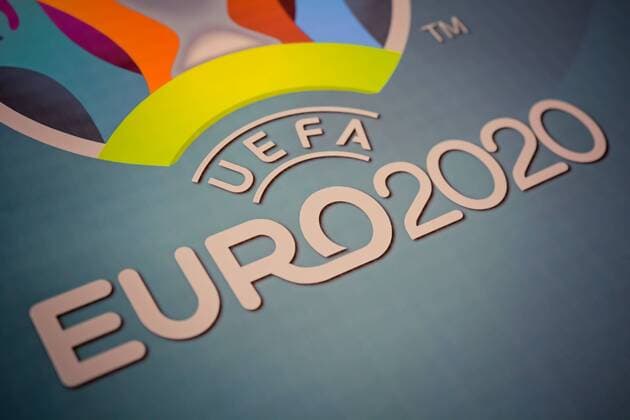 Fußball, EURO 2020 Logo Official logo UEFA EURO EM Europameisterschaft Fussball 2020 Official logo UEFA EURO 2020 printed on banner during press conference PK Pressekonferenz on the occasion of the draw. Kyiv Kyiv Ukraine  AleksandrxGusev PacificxPress