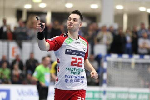 Torjubel bei Vyron Papadopoulos (ASV Hamm-Westfalen 22), ASV Hamm-Westfalen vs HSC 2000 Coburg, Handball, 2. Bundesliga, 07.12.2018, ASV Hamm-Westfalen vs HSC 2000 Coburg, Handball, 2. Bundesliga, 07.12.2018 Hamm Copyright: xEIBNER JanxStrohdiekx EP_JSK