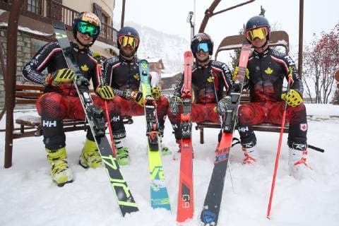 ALPINE SKIING - FIS WC Val d Isere VAL D ISERE,FRANCE,08.DEC.18 - ALPINE SKIING - FIS World Cup, giant slalom, men. Image shows Trevor Philp, Phil Brown, Erik Read and Morgan Megarry (CAN). GEPAxpictures xMathiasxMandl