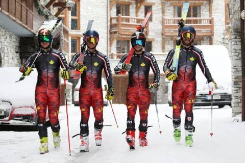 ALPINE SKIING - FIS WC Val d Isere VAL D ISERE,FRANCE,08.DEC.18 - ALPINE SKIING - FIS World Cup, giant slalom, men. Image shows Trevor Philp, Morgan Megarry, Erik Read and Phil Brown (CAN). GEPAxpictures xMathiasxMandl