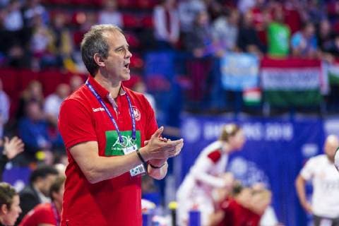 Handball, Frauen: EM, Ungarn - Deutschland Hauptrunde, Gruppe 2, 2. Spieltag im Palais des Sports Trainer Henk Groener (Deutschland) Gestik Geste gestikuliert Nancy Palais des Sports Jean Weille Frankreich