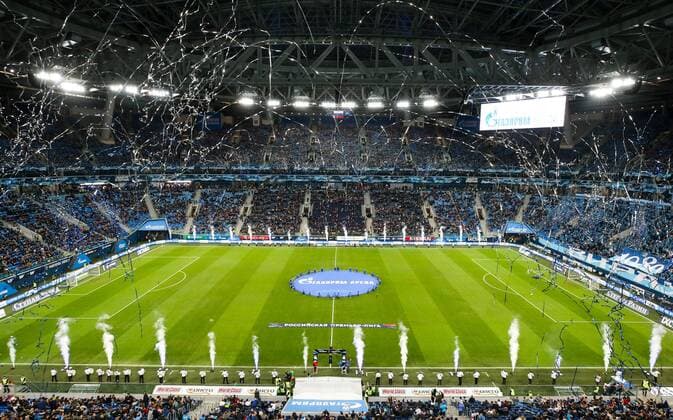 ST PETERSBURG, RUSSIA â€“ DECEMBER 9, 2018: Pitch at Gazprom Arena Stadium ahead of the 2018 19 Russian Premier League Round 17 football match between Zenit St Petersburg and Rubin Kazan. As of December 9, 2018, FC Zenit s home stadium on Krestovsky Island has been renamed Gazprom Arena. Alexander Demianchuk TASS  TS09A95F