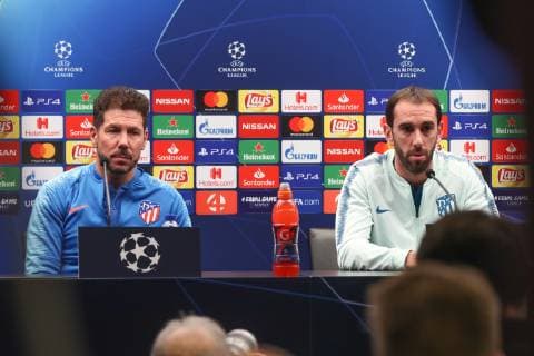 Atletico s head coach Diego Simeone and Atletico s captain Diego Roberto Godin pictured during a press conference PK Pressekonferenz of Spanish club Athletico Madrid, Monday 10 December 2018 in Brugge. Tomorrow Athletico will meet Belgian soccer team Club Brugge KV on the sixth and last day of the UEFA Champions League, in group A. BRUNOxFAHY  x05487318x