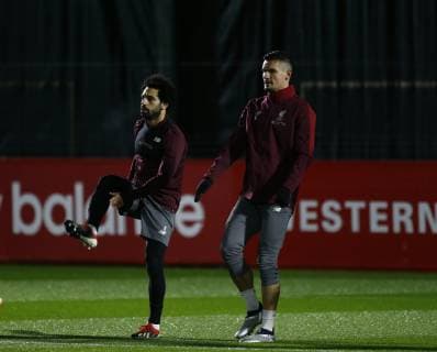 10th December 2018, Melwood, Liverpool, England, UEFA Champions League football, Liverpool versus Napoli press conference PK Pressekonferenz Mohamed Salah and Dejan Lovren warm up at the club s Melwood training ground ahead of tomorrow s Champions League match against Napoli  ActionPlus12086757 AlanxMartin