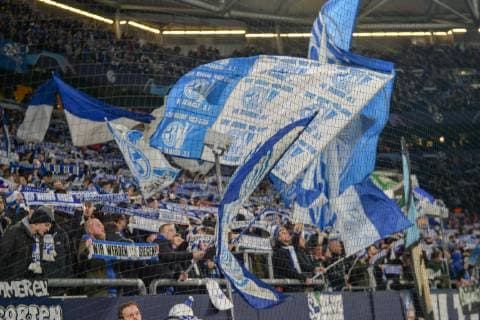 GER, CL, FC Schalke 04 vs Lokomotiv Moskva Lokomotive Moskau 11.12.2018, Veltins-Arena, Gelsenkirchen, GER, CL, FC Schalke 04 vs Lokomotiv Moskva Lokomotive Moskau, DFL regulations prohibit any use of photographs as image sequences and or quasi-video im Bild die jubelnde Schalker Fankurve Fans Fanblock