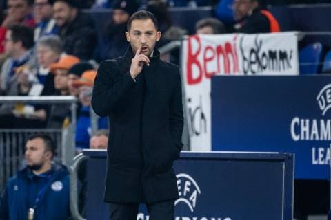 11.12.2018, xkvx, Fussball UEFA Champions League, FC Schalke 04 - Lok Moskau emspor, v.l. Trainer Domenico Tedesco (S04 - Schalke 04) gibt Anweisung, gestikuliert, mit den Armen gestikulieren, gives instructions, gesticulate (DFL DFB REGULATIONS PROHIBIT ANY USE OF PHOTOGRAPHS as IMAGE SEQUENCES and or QUASI-VIDEO) Gelsenkirchen