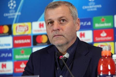 Head coach of Olympique Lyonnais (Lyon) Bruno Genesio attends a pre-match news conference ahead of the UEFA Champions League Group F Matchday 6 game against FC Shakhtar Donetsk, Kyiv, capital of Ukraine, December 11, 2018. The fixture is due to take place at the NSC Olimpiyskiy in the Ukrainian capital at 22:00 local time on December 12. Ukrinform. Lyon?s news conference before UCL encounter with Shakhtar  Copyright: xPavloxBagmutx