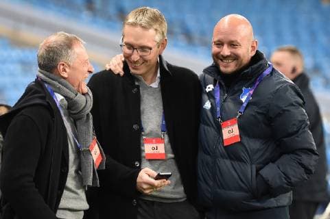 11.12.2018, xmeix, Fussball UEFA Champions League, TSG 1899 Hoffenheim, Pressekonferenz - Abschlusstraining, emspor, v.l. Hoffenheims Geschaeftsfuehrer Dr. Peter Goerlich, Hoffenheims Geschaeftsfuehrer(Finanzen) Frank Briel, Hoffenheims Leiter Profifussbal Alexander Rosen DFL DFB REGULATIONS PROHIBIT ANY USE OF PHOTOGRAPHS as IMAGE SEQUENCES and or QUASI-VIDEO Manchetser