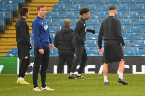 11.12.2018, xmeix, Fussball UEFA Champions League, TSG 1899 Hoffenheim, Pressekonferenz - Abschlusstraining, emspor, v.l. Hoffenheims Trainer Julian Nagelsmann (TSG 1899 Hoffenheim) mit der Hoffenheimer Mannschaft DFL DFB REGULATIONS PROHIBIT ANY USE OF PHOTOGRAPHS as IMAGE SEQUENCES and or QUASI-VIDEO Manchetser