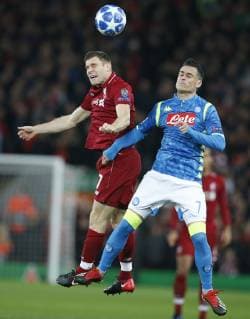 James Milner of Liverpool challenges Jose Callejon of Napoli during the UEFA Champions League Group C match at Anfield Stadium, Liverpool. Picture date 11th December 2018. Picture credit should read: Andrew Yates Sportimage EDITORIAL USE ONLY. No use with unauthorised audio, video, data, fixture lists, club league logos or live services. Online in-match use limited to 120 images, no video emulation. No use in betting, games or single club league player publications. _AY20099.JPG