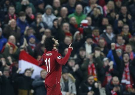 Mohamed Salah of Liverpool celebrates scoring the first goal during the UEFA Champions League Group C match at Anfield Stadium, Liverpool. Picture date 11th December 2018. Picture credit should read: Andrew Yates Sportimage EDITORIAL USE ONLY. No use with unauthorised audio, video, data, fixture lists, club league logos or live services. Online in-match use limited to 120 images, no video emulation. No use in betting, games or single club league player publications. _AY20353.JPG
