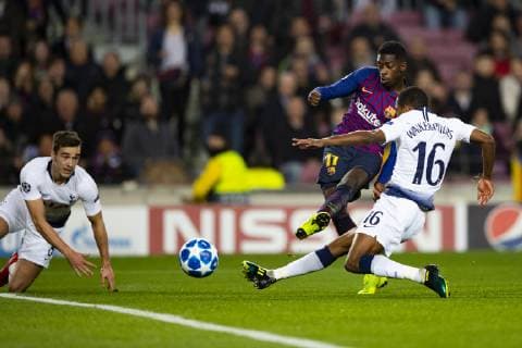 Sport Bilder des Tages 11.12.2018, xslx, Fussball Champions League, FC Barcelona Barca - Tottenham Hotspur emspor, v.l. Dembele (FC Barcelona) macht das Tor zum 1-0 (DFL DFB REGULATIONS PROHIBIT ANY USE OF PHOTOGRAPHS as IMAGE SEQUENCES and or QUASI-VIDEO) Barcelona