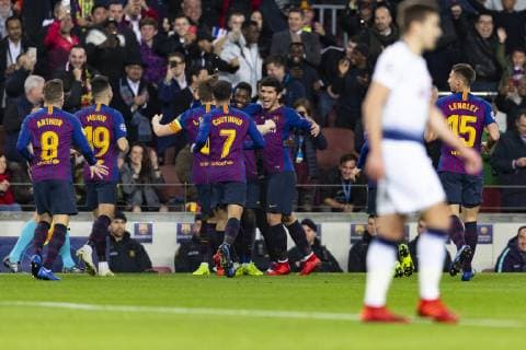 11.12.2018, xslx, Fussball Champions League, FC Barcelona Barca - Tottenham Hotspur emspor, v.l. Dembele (FC Barcelona) Jubelt gemeinsam mit die Spielern nach den 1-0 (DFL DFB REGULATIONS PROHIBIT ANY USE OF PHOTOGRAPHS as IMAGE SEQUENCES and or QUASI-VIDEO) Barcelona