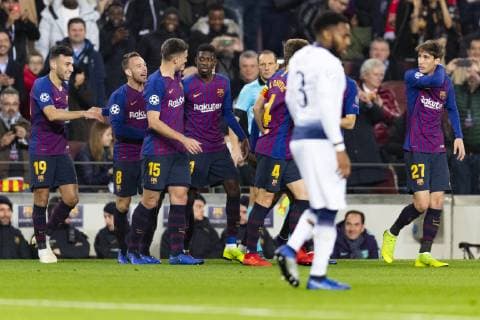 11.12.2018, xslx, Fussball Champions League, FC Barcelona Barca - Tottenham Hotspur emspor, v.l. Dembele (FC Barcelona) Jubelt gemeinsam mit die Spielern nach den 1-0 (DFL DFB REGULATIONS PROHIBIT ANY USE OF PHOTOGRAPHS as IMAGE SEQUENCES and or QUASI-VIDEO) Barcelona