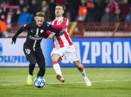 11th December 2018, Rajko Mitic Stadium, Belgrade, Serbia; UEFA Champions League football, Red Star Belgrade versus Paris Saint-Germain; Neymar of Paris Saint-Germain beats Marko Gobeljic of Red Star Belgrade  ActionPlus12086891 NikolaxKrstic