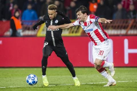 11th December 2018, Rajko Mitic Stadium, Belgrade, Serbia; UEFA Champions League football, Red Star Belgrade versus Paris Saint-Germain; Neymar of Paris Saint-Germain challenges Filip Stojkovic of Red Star Belgrade  ActionPlus12086895 NikolaxKrstic