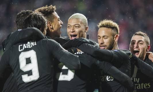 11th December 2018, Rajko Mitic Stadium, Belgrade, Serbia; UEFA Champions League football, Red Star Belgrade versus Paris Saint-Germain; Marquinhos of Paris Saint-Germain celebrates scoring his goal with Kylian Mbappe of Paris Saint-Germain, Neymar of Paris Saint-Germain for 1-3 in 74th minute  ActionPlus12086913 NikolaxKrstic