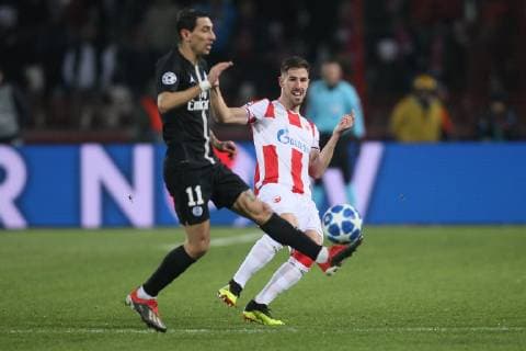MILOS DEGENEK football Crvena zvezda during UEFA Champions League match against ANGEL DI MARêA Anhel di Maria of PSG Paris Saint Germain at Rajko Mitic stadium, Belgrade 11.12.2018. MarkoxMetlas 