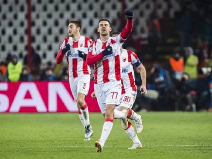 11th December 2018, Rajko Mitic Stadium, Belgrade, Serbia; UEFA Champions League football, Red Star Belgrade versus Paris Saint-Germain; Marko Gobeljic of Red Star Belgrade celebrates scoring his goal for 1-2 in 56th minute  ActionPlus12086945 NikolaxKrstic