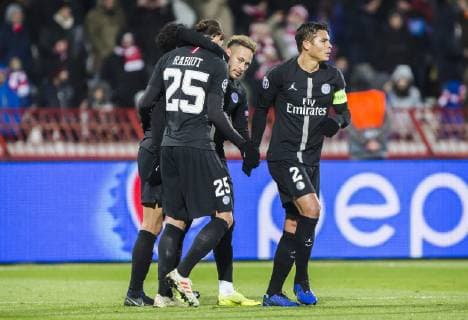 11th December 2018, Rajko Mitic Stadium, Belgrade, Serbia; UEFA Champions League football, Red Star Belgrade versus Paris Saint-Germain; Kylian Mbappe of Paris Saint-Germain celebrates scoring his goal with Neymar of Paris Saint-Germain, Adrien Bernede of Paris Saint-Germain and Thiago Silva of Paris Saint-Germain for 1-4 in 92nd minute  ActionPlus12086948 NikolaxKrstic
