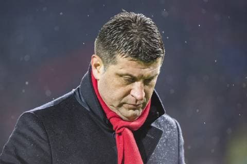 11th December 2018, Rajko Mitic Stadium, Belgrade, Serbia; UEFA Champions League football, Red Star Belgrade versus Paris Saint-Germain; Head Coach Vladan Milojevic of Red Star Belgrade looks dejected after the match  ActionPlus12086949 NikolaxKrstic