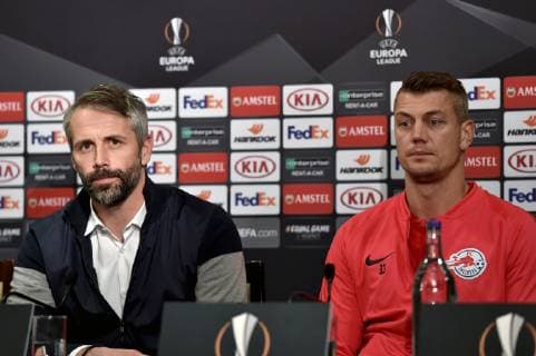 SOCCER - UEFA EL, Celtic vs RBS GLASGOW,SCOTLAND,12.DEC.18 - SOCCER - UEFA Europa League, group stage, Celtic Glasgow vs Red Bull Salzburg, preview, press conference PK Pressekonferenz of RBS. Image shows head coach Marco Rose and Alexander Walke (RBS). GEPAxpictures xFlorianxErtl