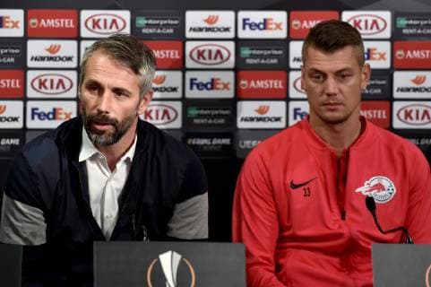 SOCCER - UEFA EL, Celtic vs RBS GLASGOW,SCOTLAND,12.DEC.18 - SOCCER - UEFA Europa League, group stage, Celtic Glasgow vs Red Bull Salzburg, preview, press conference PK Pressekonferenz of RBS. Image shows head coach Marco Rose and Alexander Walke (RBS). GEPAxpictures xFlorianxErtl