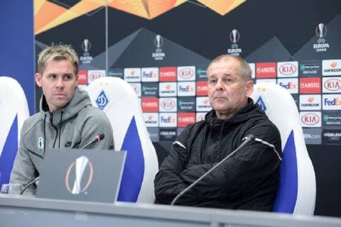Head coach of FK Jablonec Petr Rada and midfielder Tomas Hubschman (R to L) are pictured during a pre-match news conference ahead of the UEFA Europa League Group K Matchday 6 encounter against FC Dynamo Kyiv, Kyiv, capital of Ukraine, December 12, 2018. The fixture is due to take place at the NSC Olimpiyskiy in the Ukrainian capital at 19:55 local time on December 13. Ukrinform. Pre-match news conference of FK Jablonec before UEL game against Dynamo in Kyiv  Copyright: xHennadiixMinchenkox