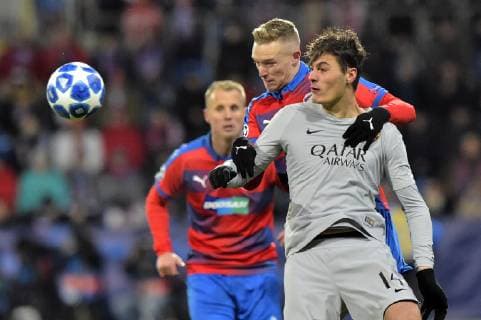 From left DAVID LIMBERSKY, ROMAN PROCHAZKA, both of Viktoria, PATRIK SCHICK of Rome in action during the Football Champions League 6th round match: Viktoria Plzen vs AS Roma in Pilsen, Czech Republic, December 12, 2018. (CTKxPhoto MichalxKamaryt) CTKPhotoP201812121005301  _CHA1858-1