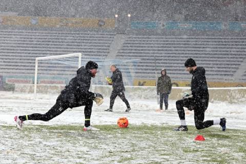 Goalkeepers of FK Jablonec warm up on the pitch as it is snowing during an open training session, Kyiv, capital of Ukraine, December 12, 2018. Ukrinform. Jablonec?s training session in Kyiv  Copyright: xHennadiixMinchenkox