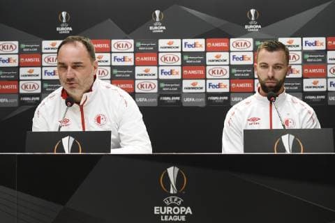 Coach of Slavia Praha Jindrich Trpisovsky and player Josef Husbauer (right) speak during the press conference PK Pressekonferenz prior to the Football European League 6th round group C match: Slavia Praha - Zenit Petrohrad in Prague, Czech Republic, December 12, 2018. (CTKxPhoto OndrejxDeml) CTKPhotoP201812120972101  dml 001