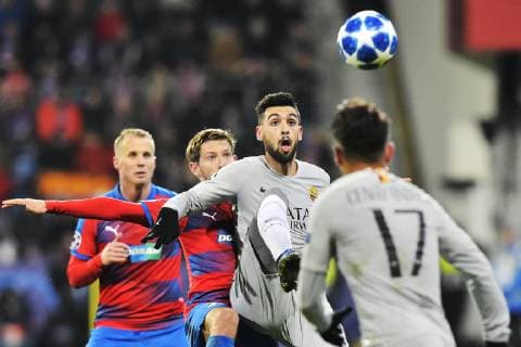 From left DAVID LIMBERSKY, PATRIK HROSOVSKY, both of Viktoria and JAVIER PASTORE of AS Rome in action during the Football Champions League 6th round match: Viktoria Plzen vs AS Roma in Pilsen, Czech Republic, December 12, 2018. (CTKxPhoto MiroslavxChaloupka) CTKPhotoP201812121051301  cha07