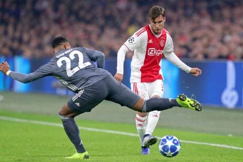 AMSTERDAM, Ajax - Bayern Munchen, football, Champions League Season 2018 2019, 12-12-2018, Johan Cruijff Arena . Bayern Munchen player Serge Gnabry (L) and Ajax player Nicolas Tagliafico (R) during the game Ajax - Bayern . Ajax - Bayern  x2685362x