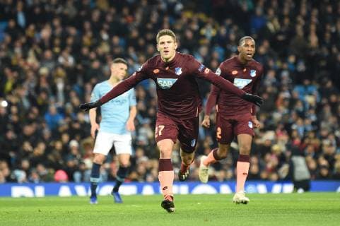 12.12.2018, xmeix, Fussball UEFA Champions League, Manchester City FC - TSG 1899 Hoffenheim, emspor, v.l. Jubel zum 0:1 fuer Hoffenheim durch Andrej Kramaric (TSG 1899 Hoffenheim) DFL DFB REGULATIONS PROHIBIT ANY USE OF PHOTOGRAPHS as IMAGE SEQUENCES and or QUASI-VIDEO Manchester